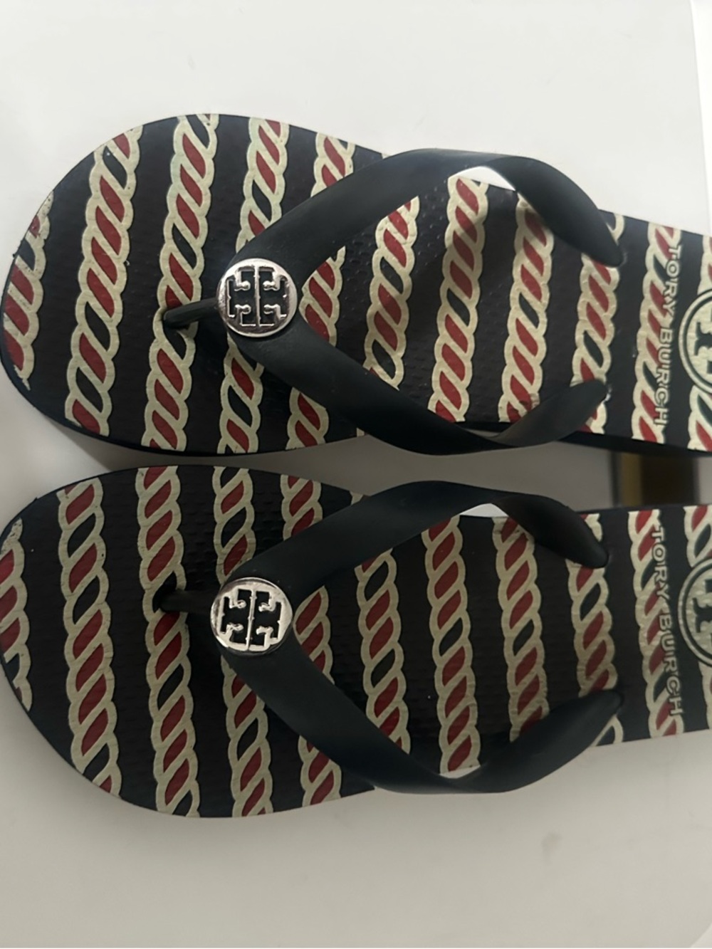 Tory Burch Navy, Cream & Red Rope-Print Flip Flops - Picture 2 of 5